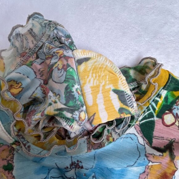 Womens Floral Print Short Sleeve Top with Ruffle Neck Size M-L Multicolor Boho - Picture 5 of 8